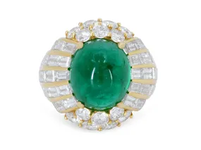 Cabochon Emerald, 10.00 Carat Zambian, and Diamond Ring in 18K Yellow Gold