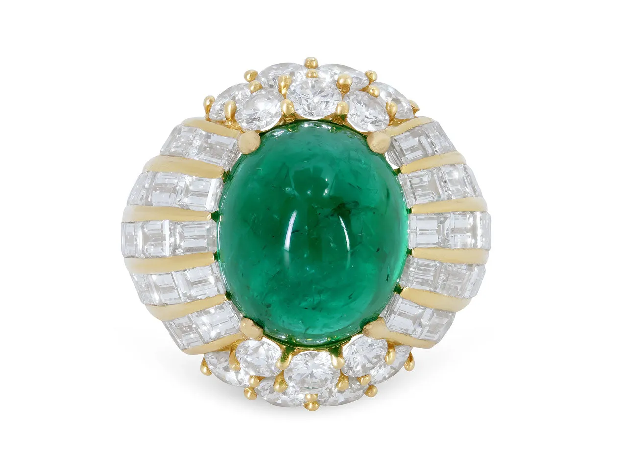 Cabochon Emerald, 10.00 Carat Zambian, and Diamond Ring in 18K Yellow Gold