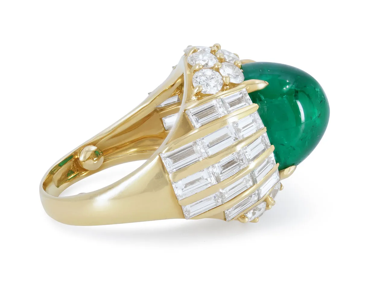 Cabochon Emerald, 10.00 Carat Zambian, and Diamond Ring in 18K Yellow Gold