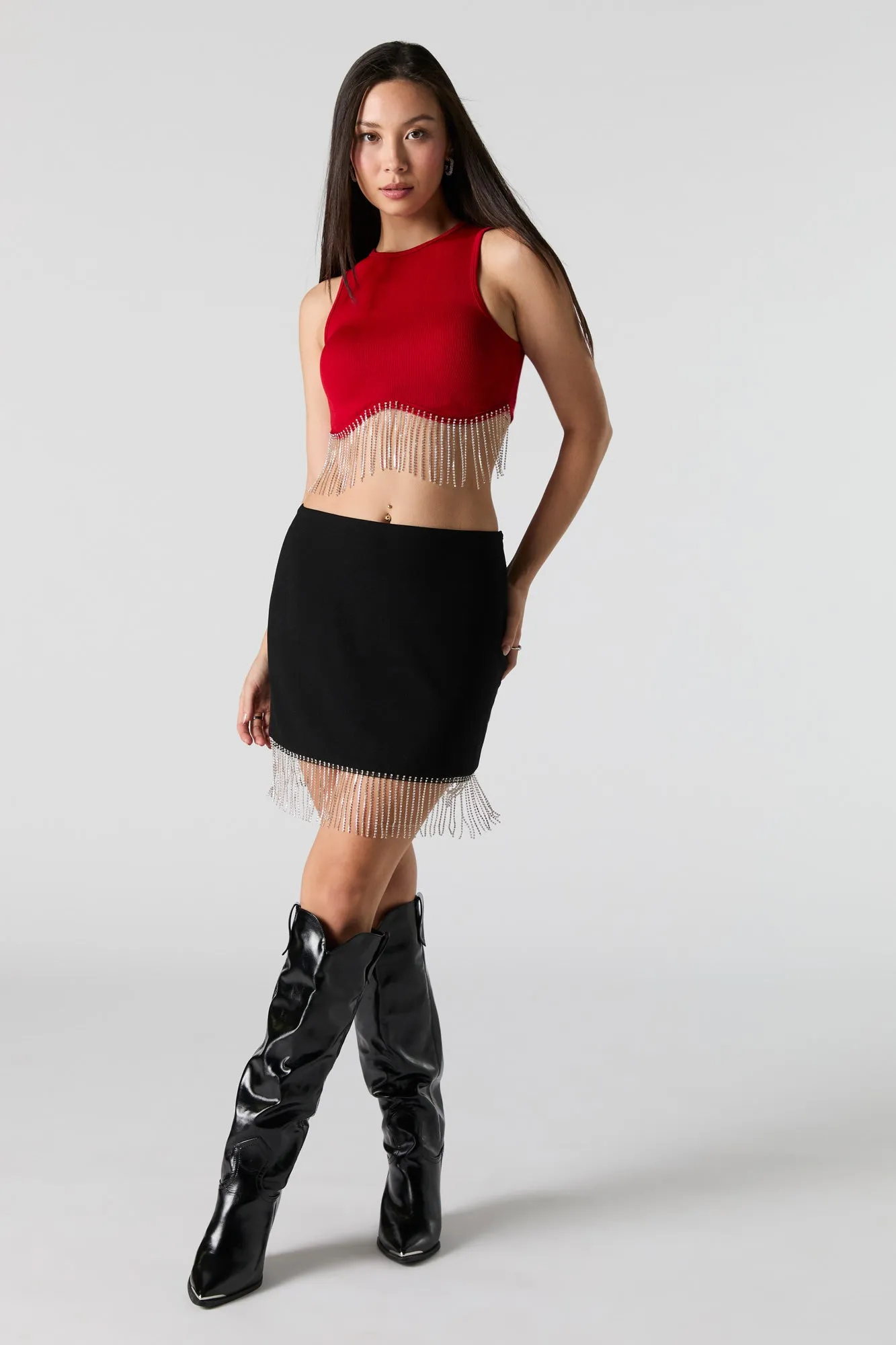 Camisole côtelée écourtée avec franges et pierres du Rhin