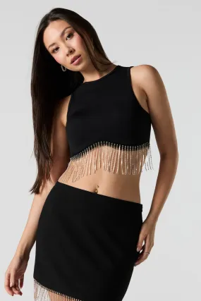 Camisole côtelée écourtée avec franges et pierres du Rhin