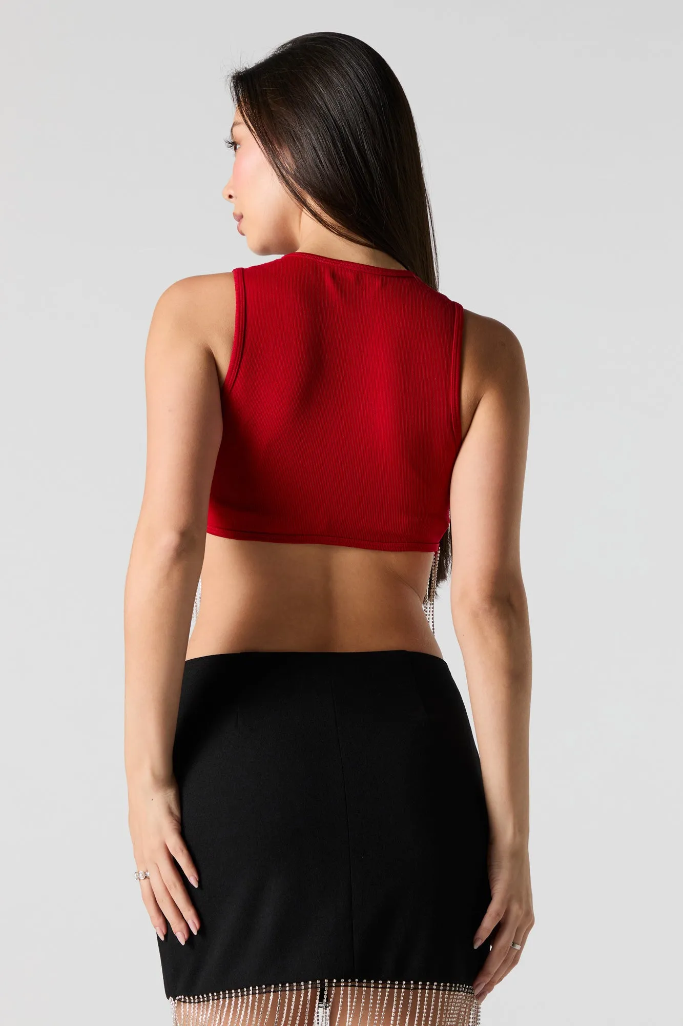 Camisole côtelée écourtée avec franges et pierres du Rhin