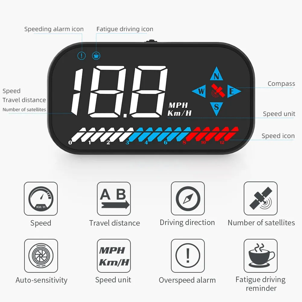 Car Hud Head-Up Display Digital Gps Speedometer Compass HD Screen