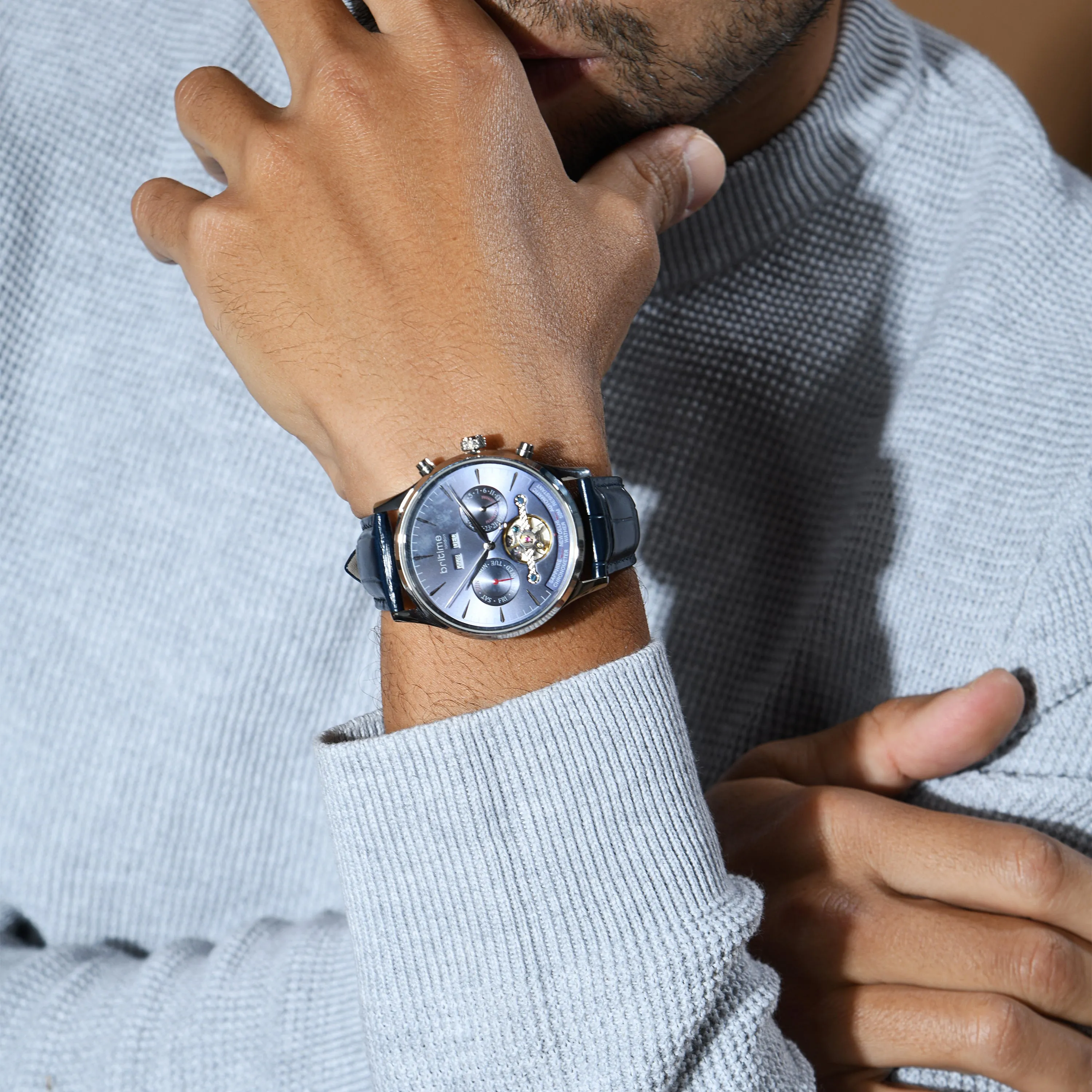 Celestial Men Automatic Blue Dial Multi-Function Leather Watch 867-L10507