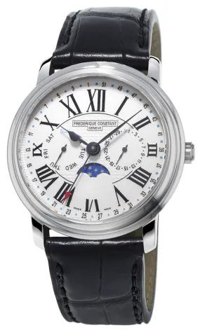 Frederique Constant Classics Business Timer Steel Black Leather Strap Mens Watch Moonphase Day/Date FC-270M4P6