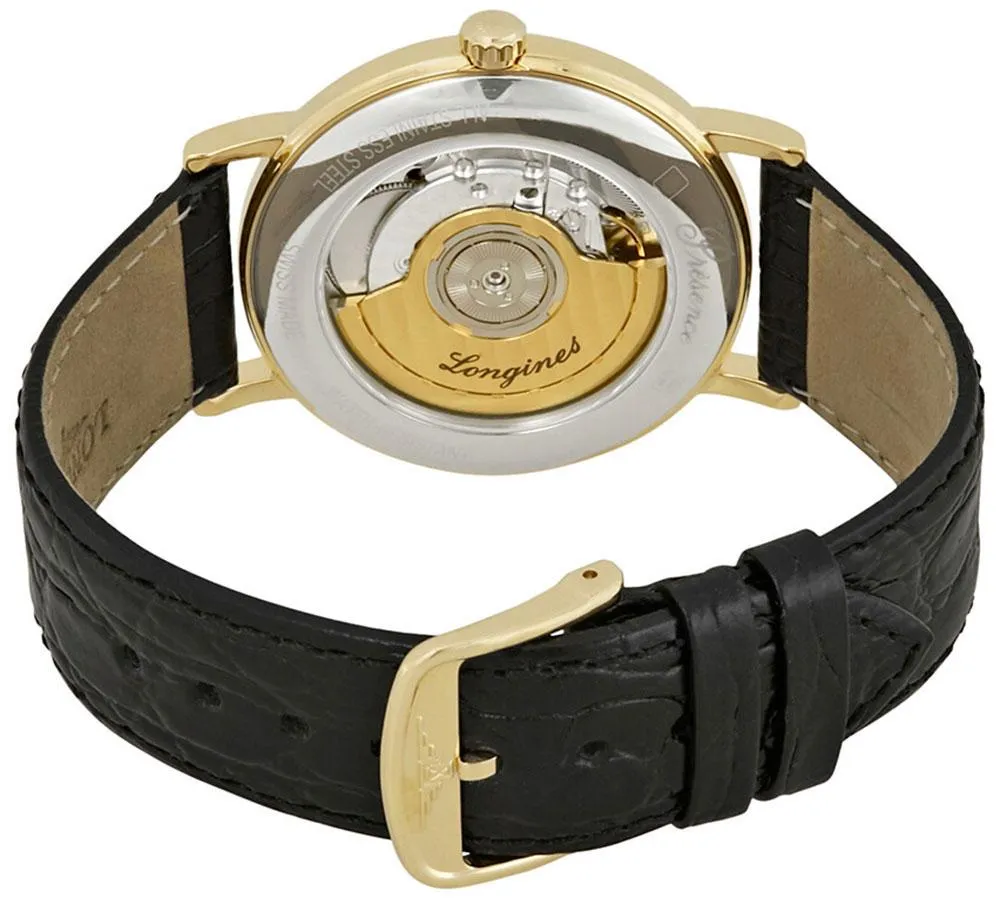 Longines Presence Automatic Yellow Gold PVD White Dial Black Leather Strap Date Mens Watch L4.805.2.11.2