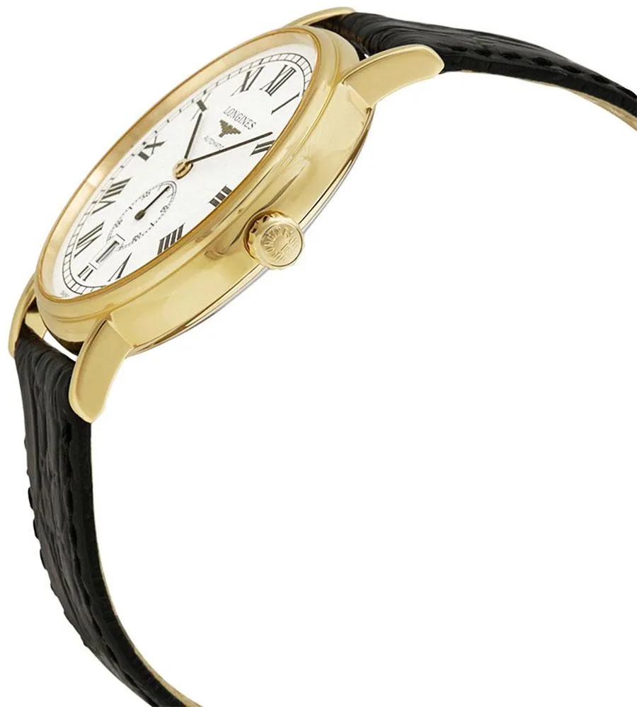 Longines Presence Automatic Yellow Gold PVD White Dial Black Leather Strap Date Mens Watch L4.805.2.11.2