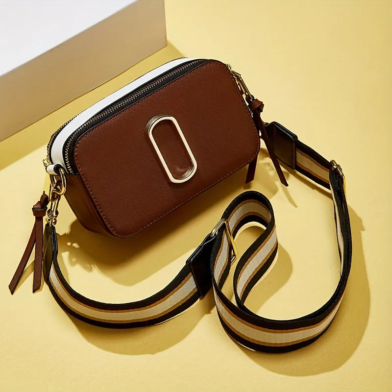 Luxury Square Crossbody Bag, Color Contrast Camera Shoulder Bag, Women's Double Zipper Purse
