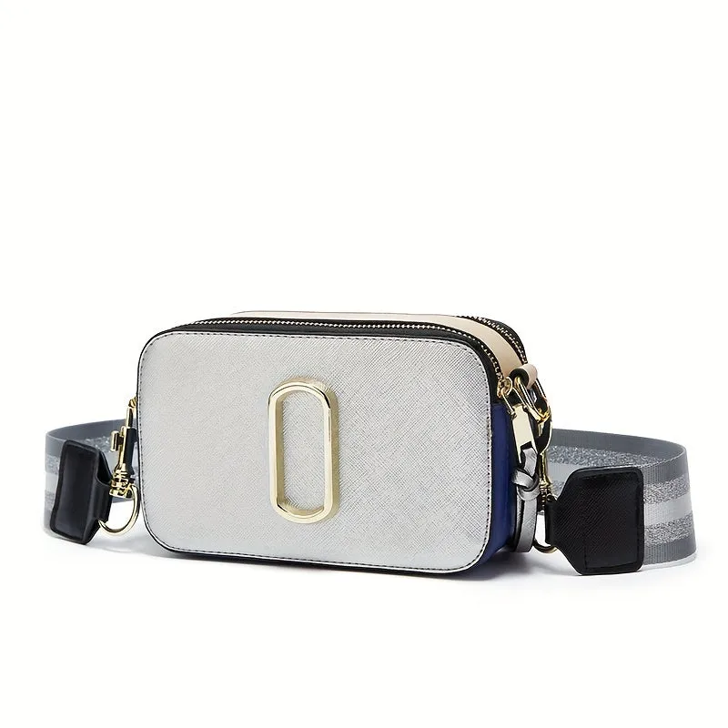 Luxury Square Crossbody Bag, Color Contrast Camera Shoulder Bag, Women's Double Zipper Purse