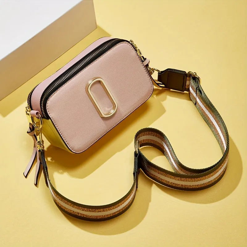 Luxury Square Crossbody Bag, Color Contrast Camera Shoulder Bag, Women's Double Zipper Purse