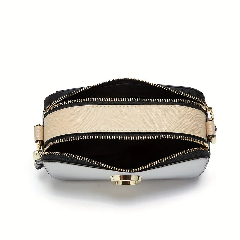 Luxury Square Crossbody Bag, Color Contrast Camera Shoulder Bag, Women's Double Zipper Purse