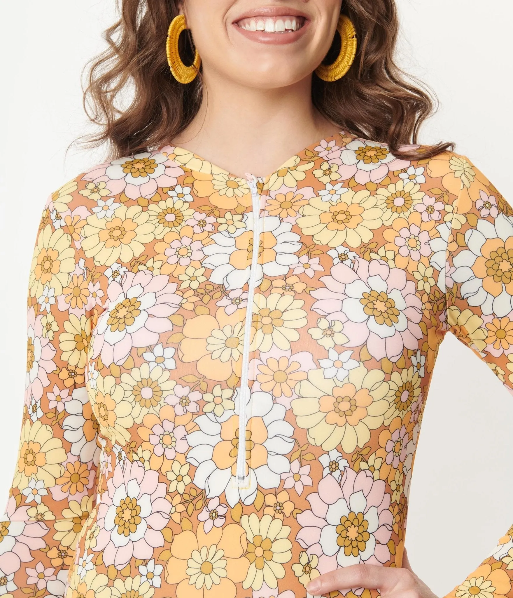 Magnolia Place Mustard Floral Print Long Sleeve Swimsuit