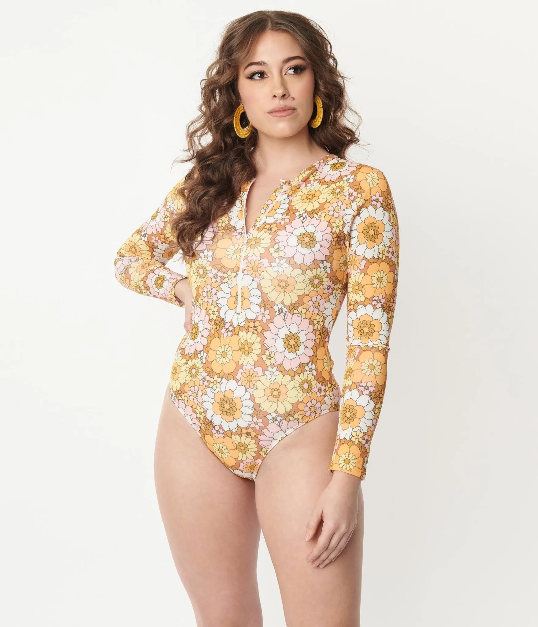 Magnolia Place Mustard Floral Print Long Sleeve Swimsuit