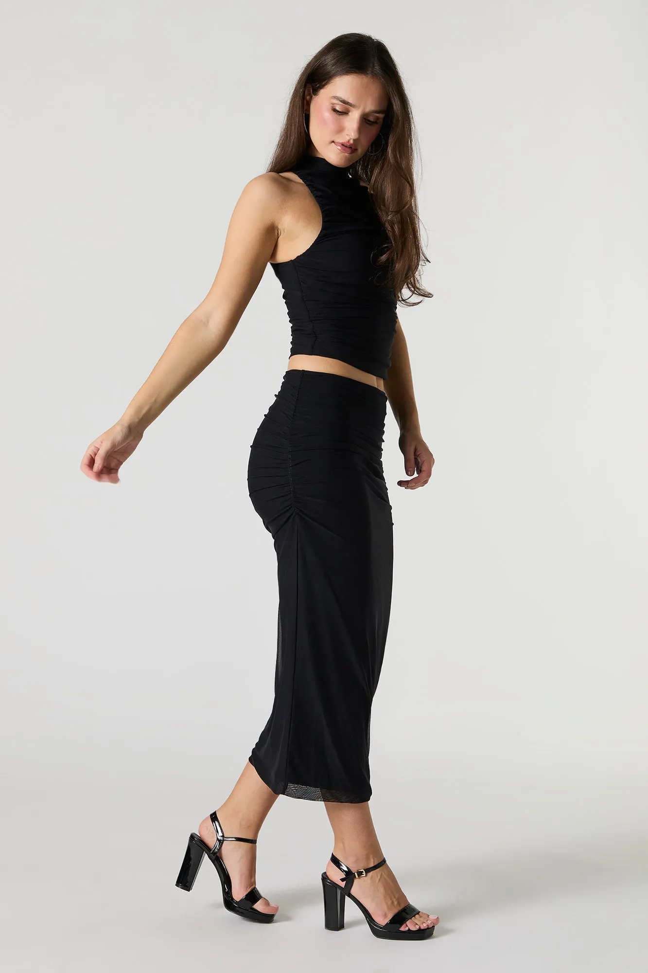 Mesh Ruched Midi Skirt
