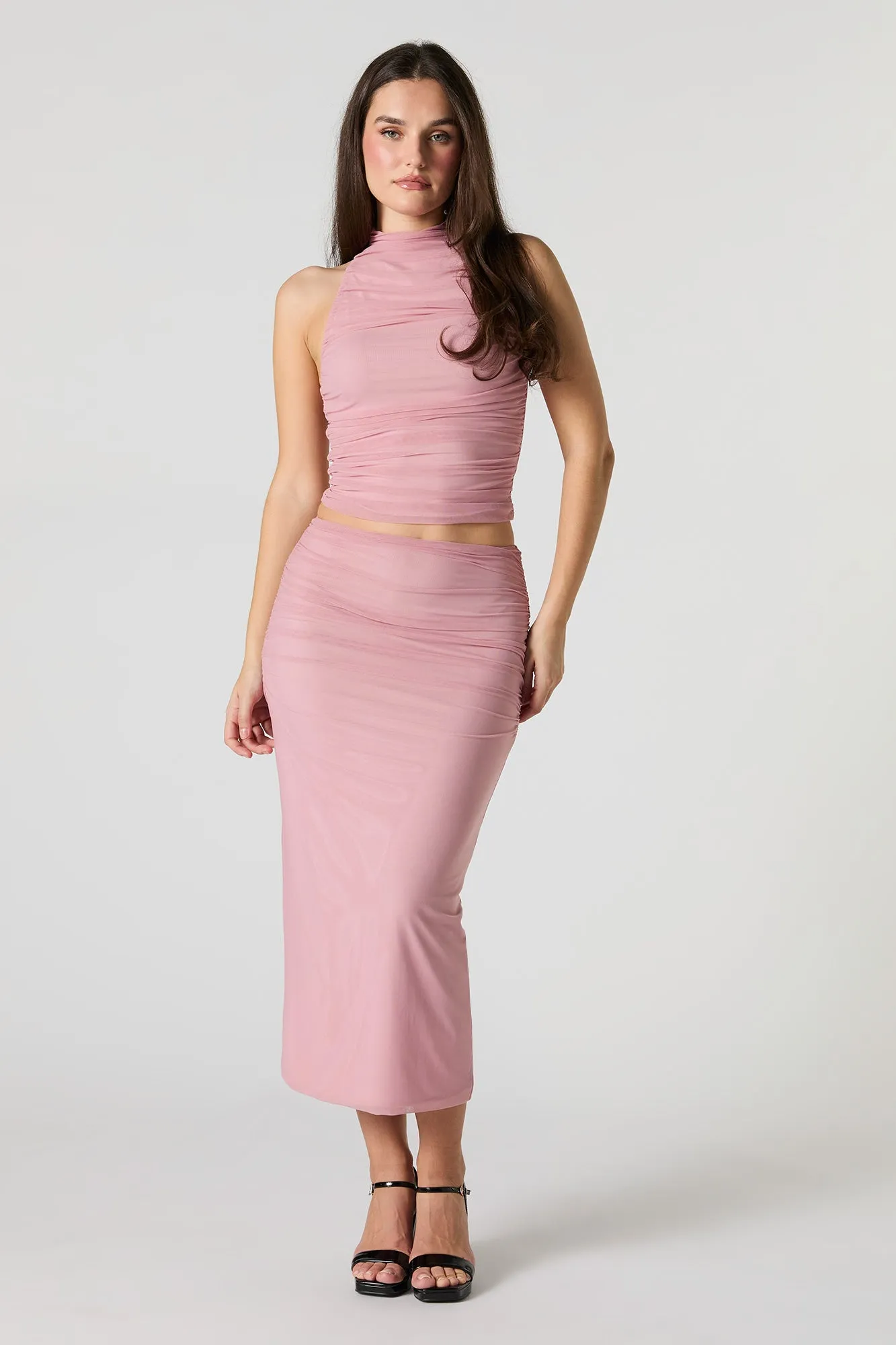 Mesh Ruched Midi Skirt