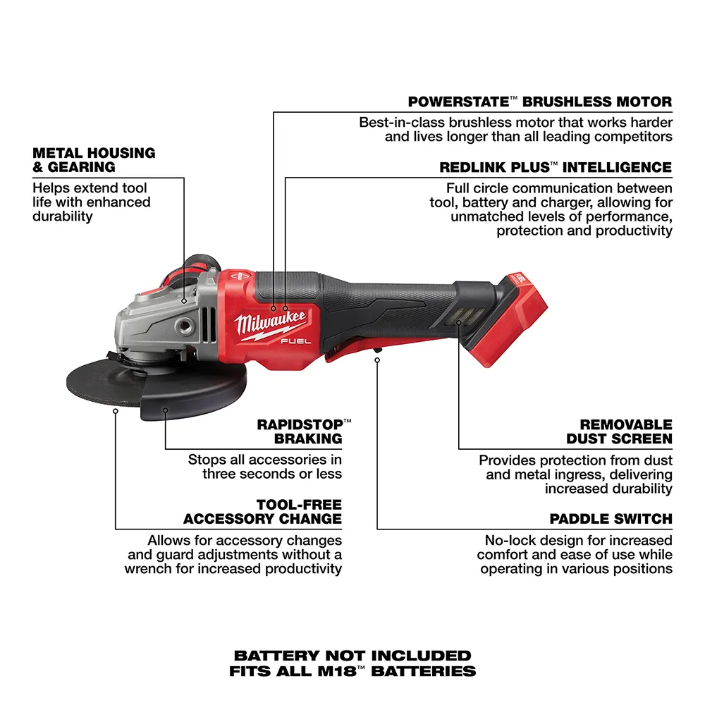 Milwaukee M18 Fuel 4-1/2" - 6" No Lock Braking Grinder with Paddle Switch 2 Battery Kit