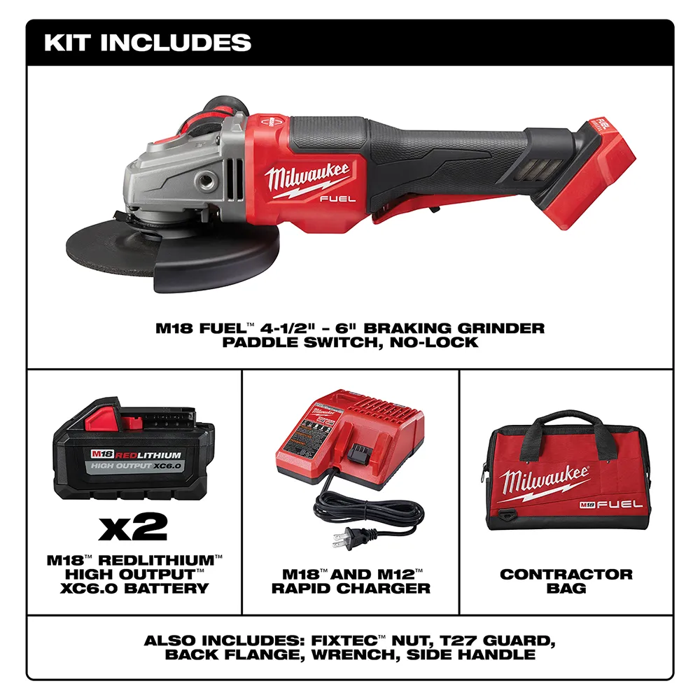 Milwaukee M18 Fuel 4-1/2" - 6" No Lock Braking Grinder with Paddle Switch 2 Battery Kit