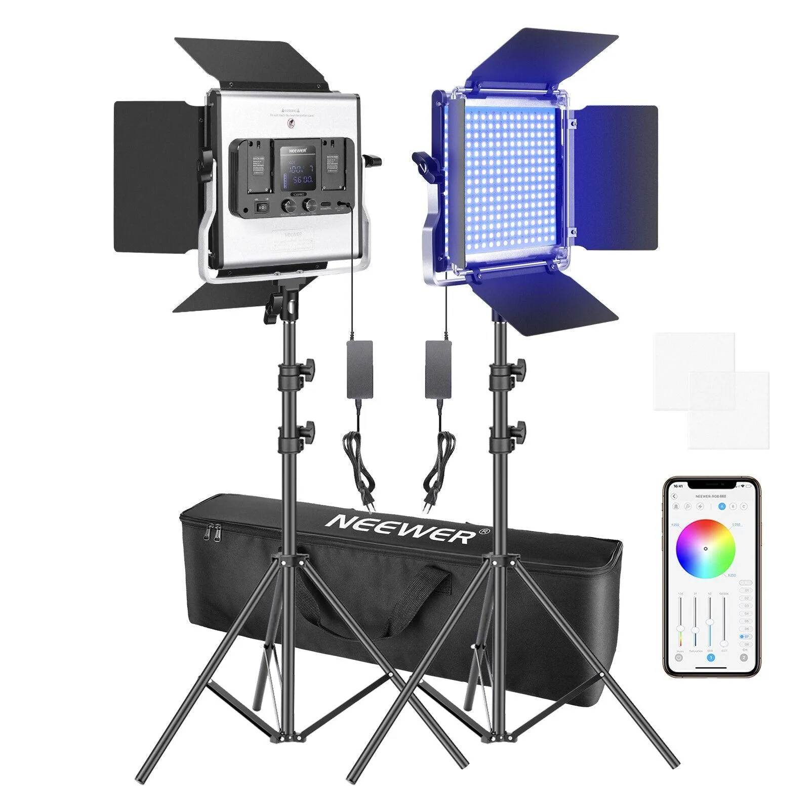 Neewer 2 or 3 Packs 660 RGB Led Light with APP Control, Photography Video Lighting Kit with Stands and Bag, 660 SMD LEDs CRI97