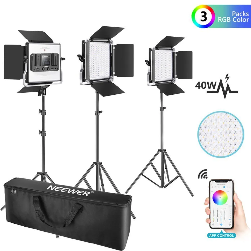 Neewer 2 or 3 Packs 660 RGB Led Light with APP Control, Photography Video Lighting Kit with Stands and Bag, 660 SMD LEDs CRI97