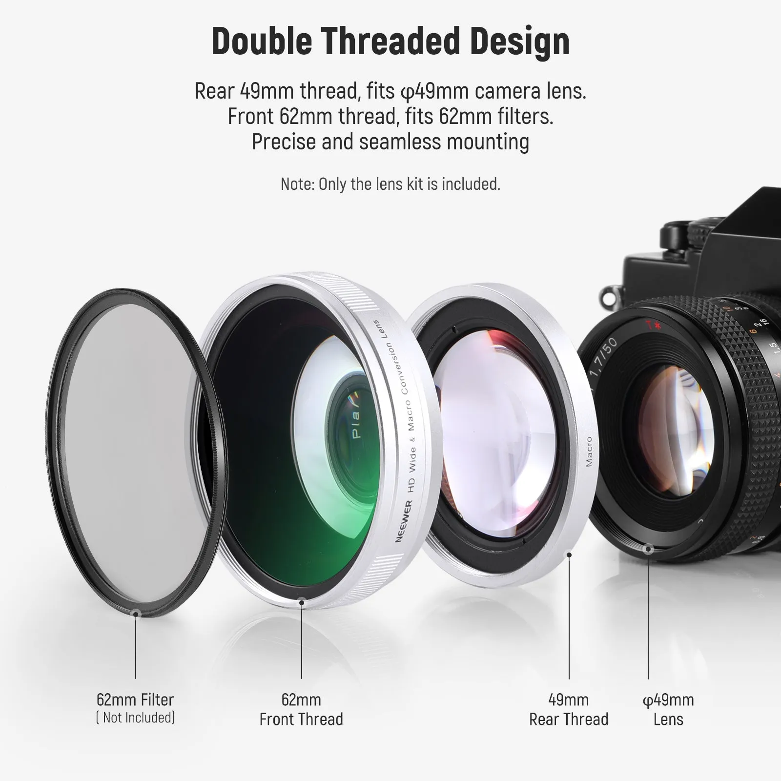 NEEWER LS-47 49mm 0.75x Wide Angle&1.4x Macro Additional Lens for Fujifilm X100 Series Cameras