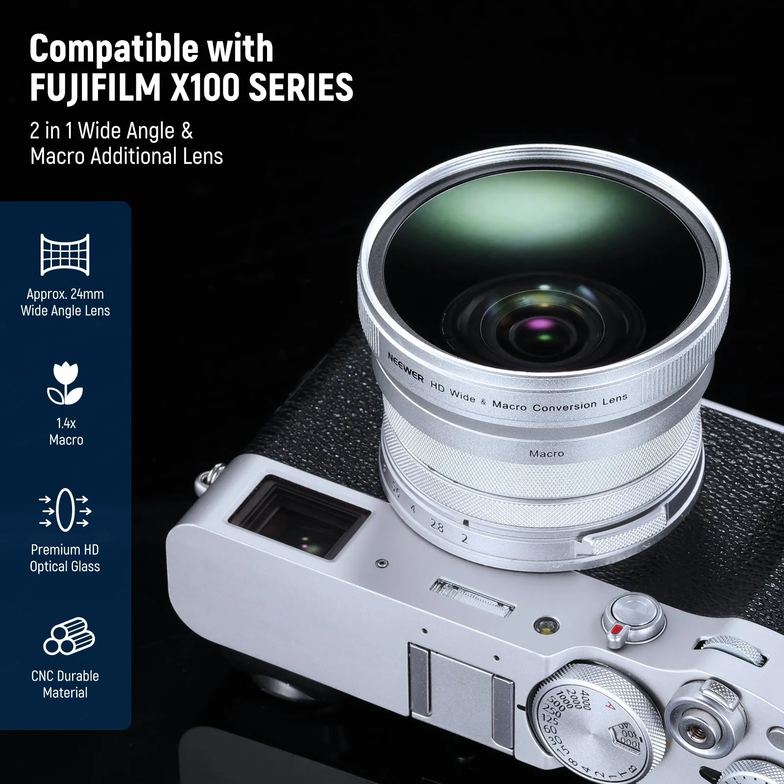 NEEWER LS-47 49mm 0.75x Wide Angle&1.4x Macro Additional Lens for Fujifilm X100 Series Cameras
