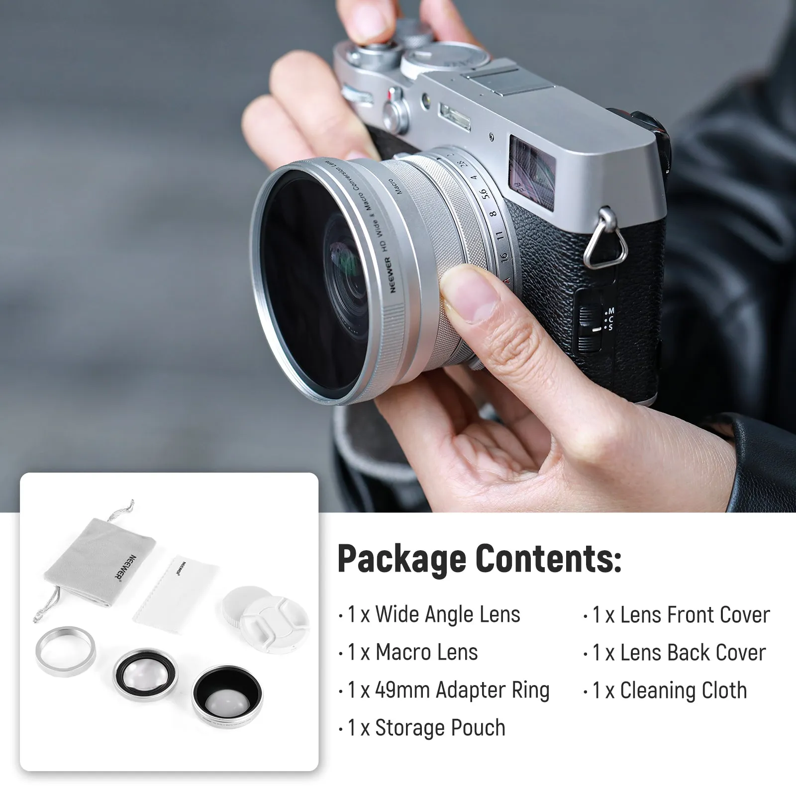 NEEWER LS-47 49mm 0.75x Wide Angle&1.4x Macro Additional Lens for Fujifilm X100 Series Cameras