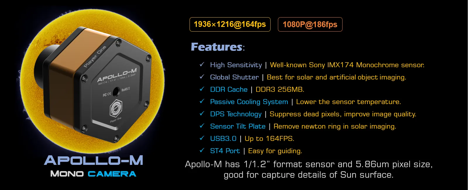 Player One Astronomy Apollo-M (IMX174)USB3.0 Mono Camera
