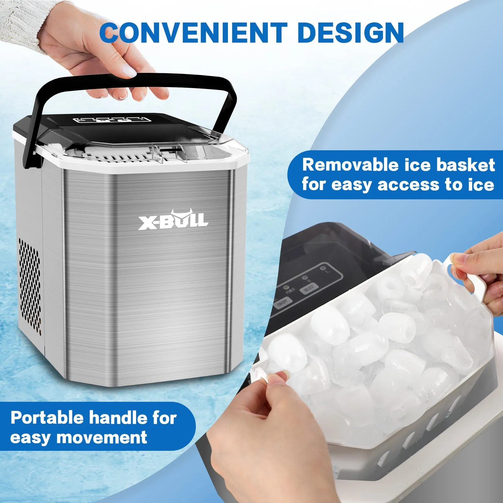 Quiet 2.2L Portable Ice Maker with Alarms, 12kg Daily Capacity - X-BULL