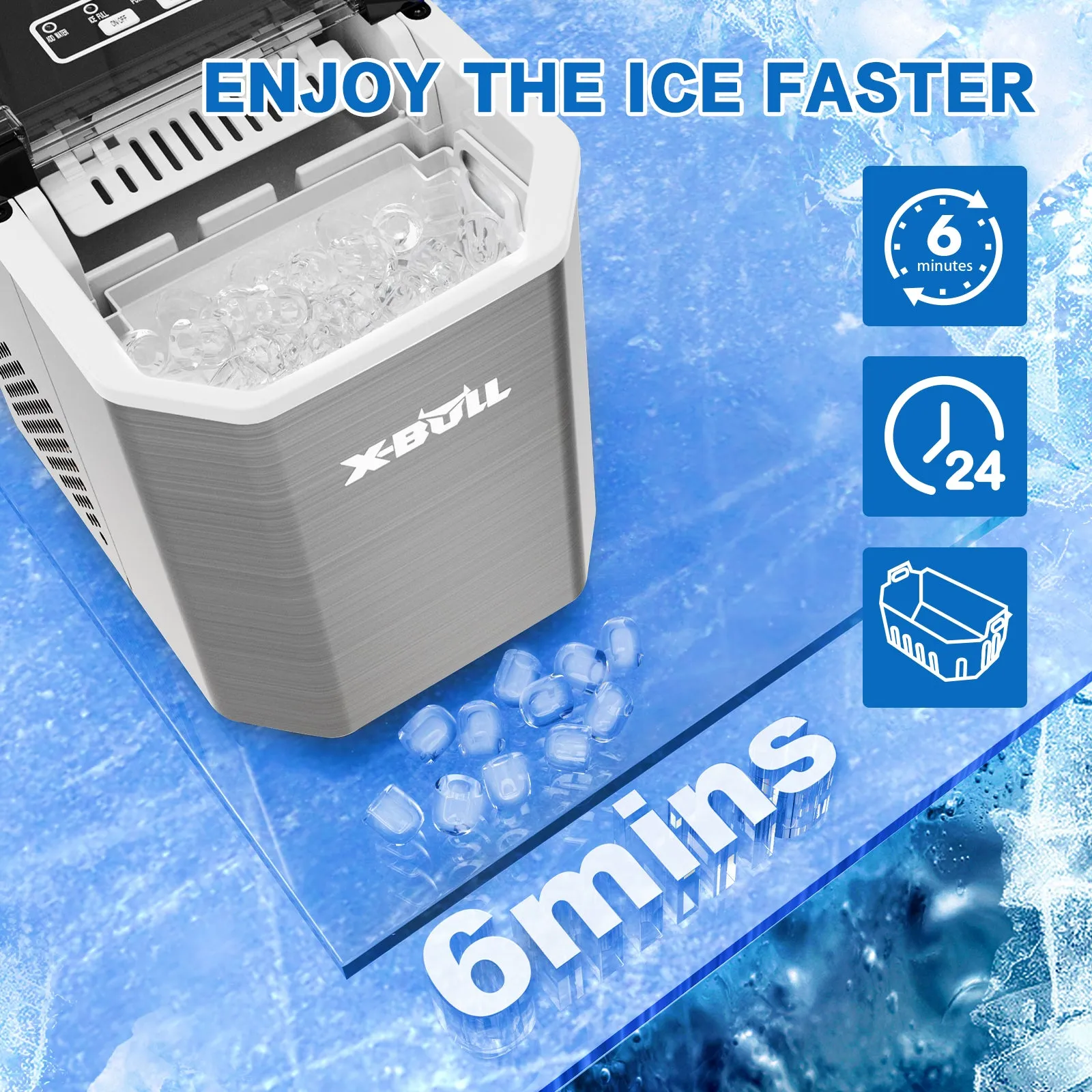 Quiet 2.2L Portable Ice Maker with Alarms, 12kg Daily Capacity - X-BULL