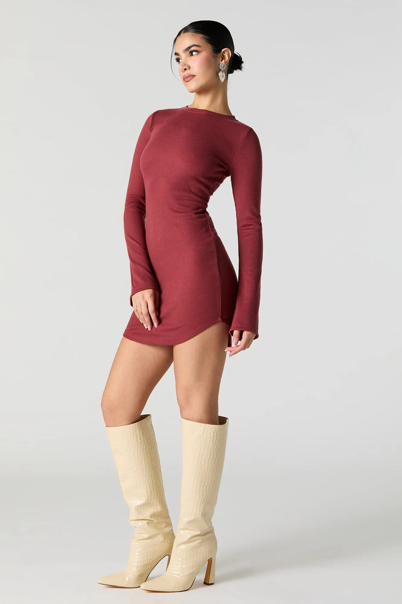 Ribbed Curved Hem Long Sleeve Mini Dress