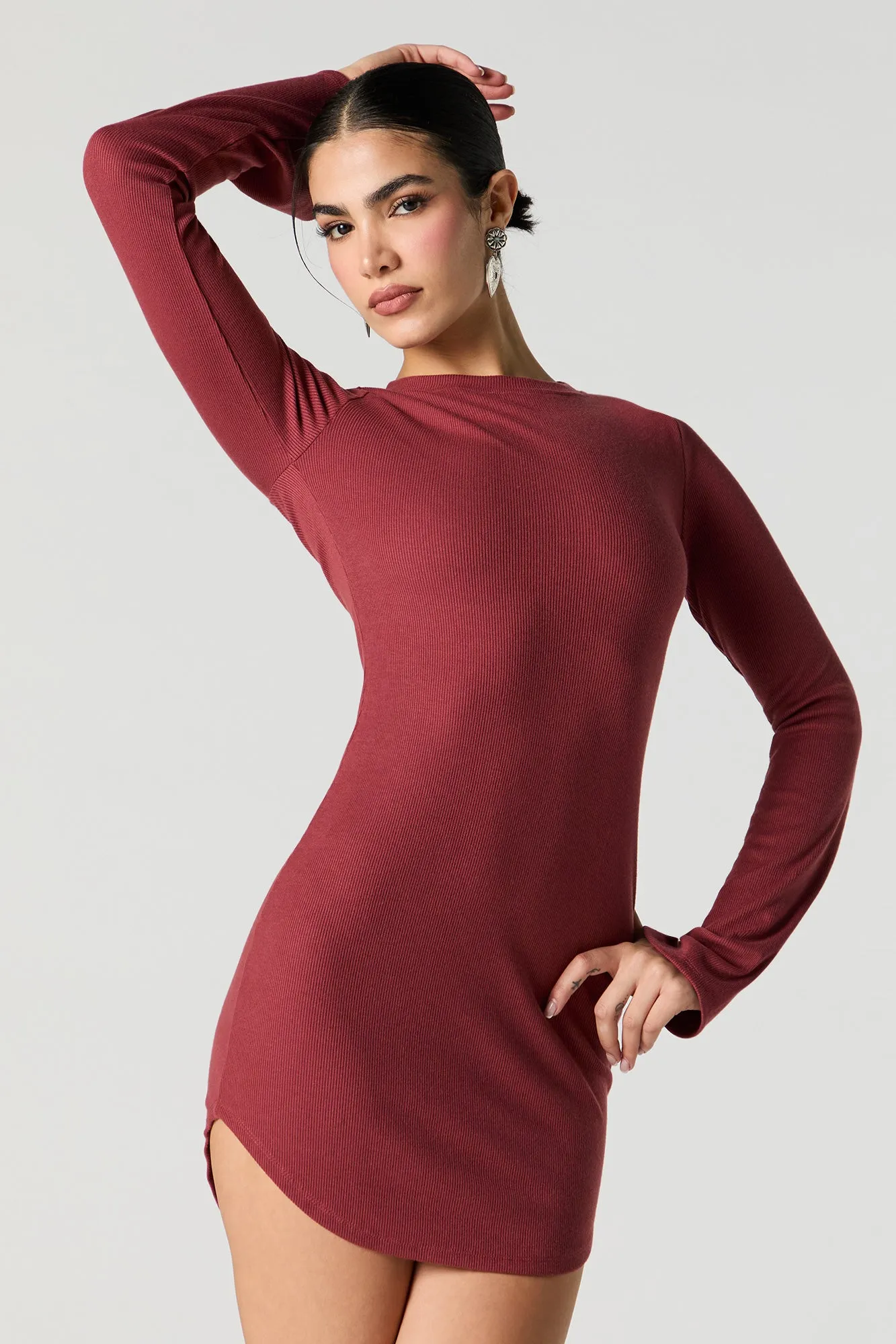 Ribbed Curved Hem Long Sleeve Mini Dress