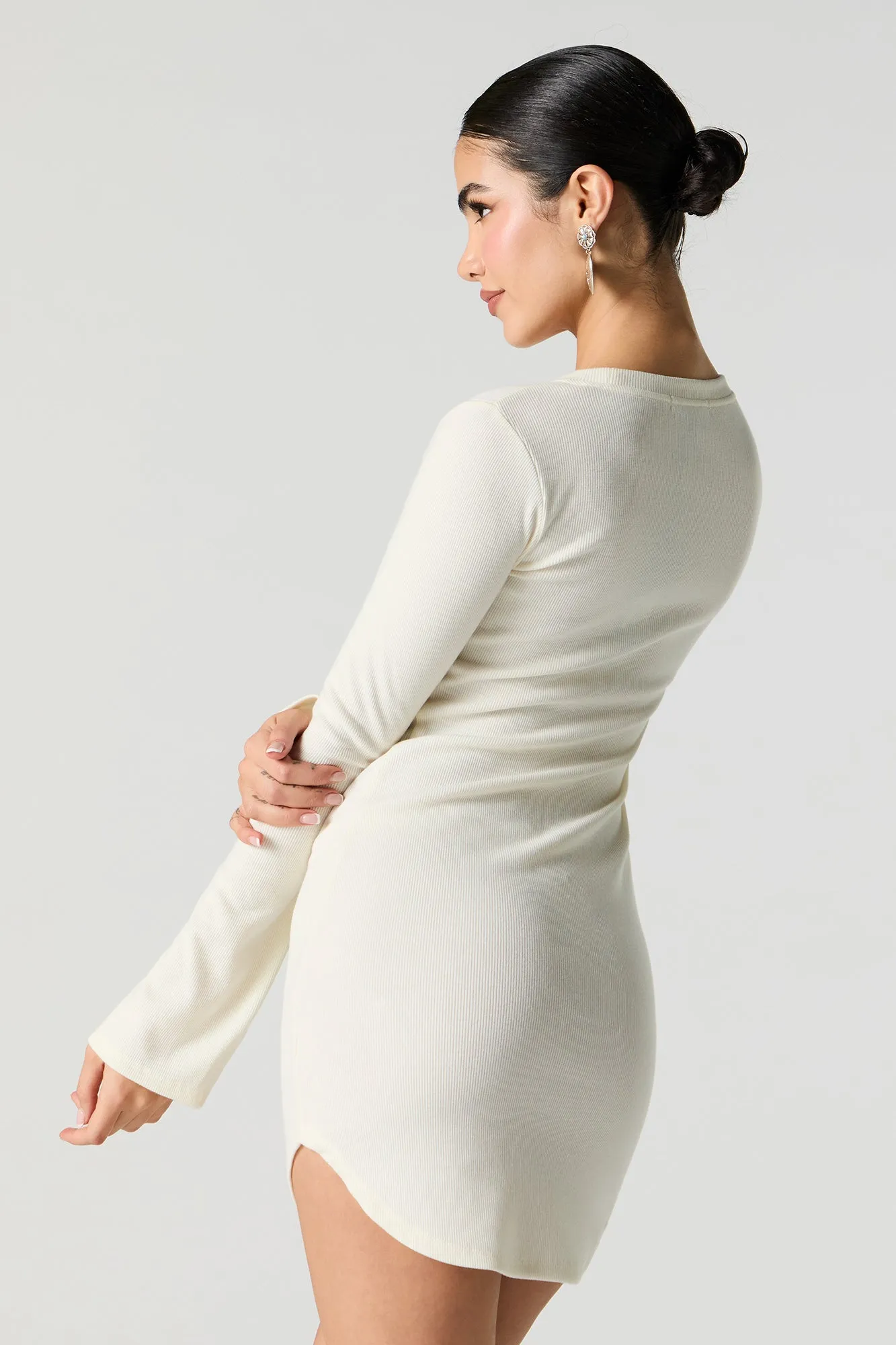Ribbed Curved Hem Long Sleeve Mini Dress