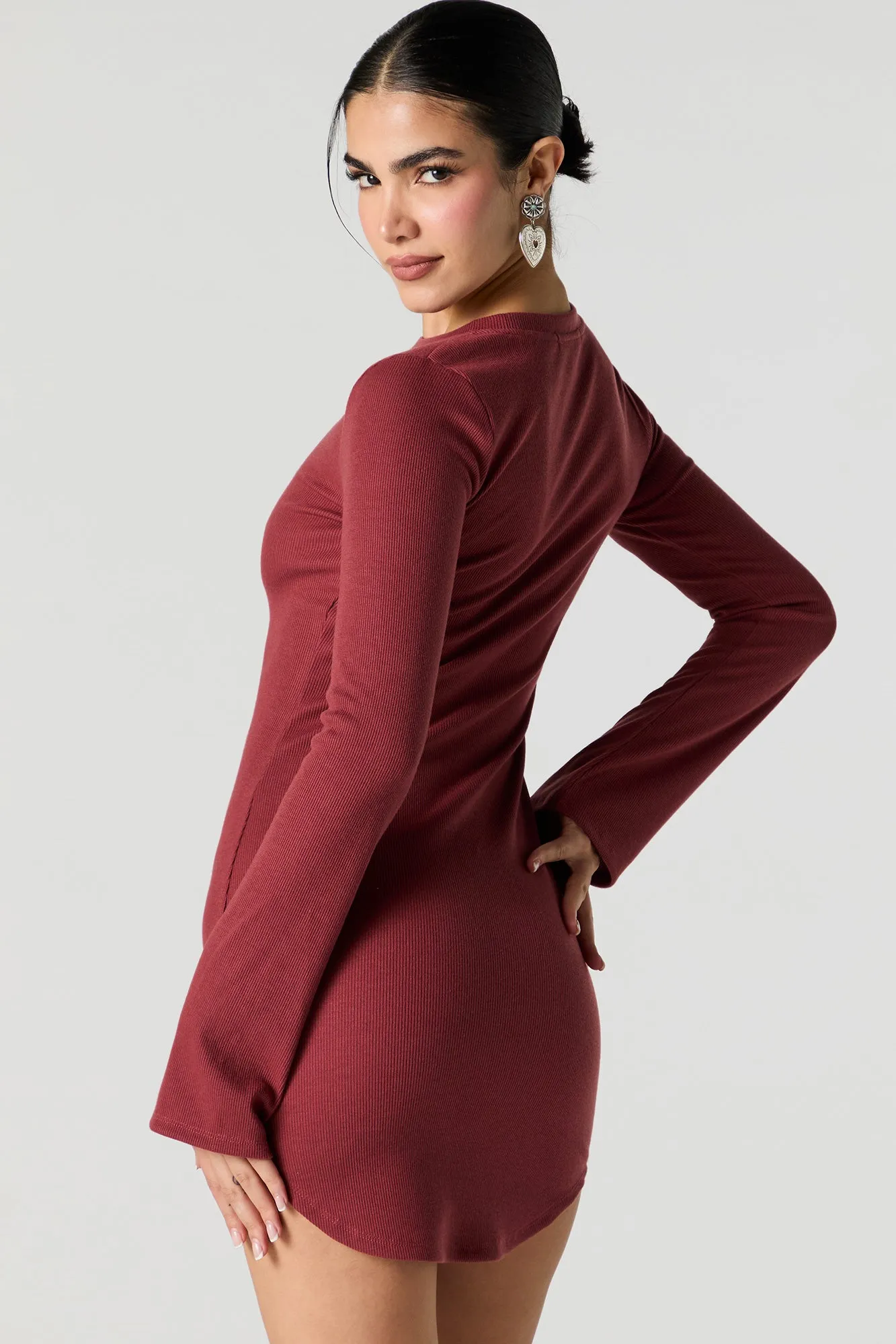 Ribbed Curved Hem Long Sleeve Mini Dress