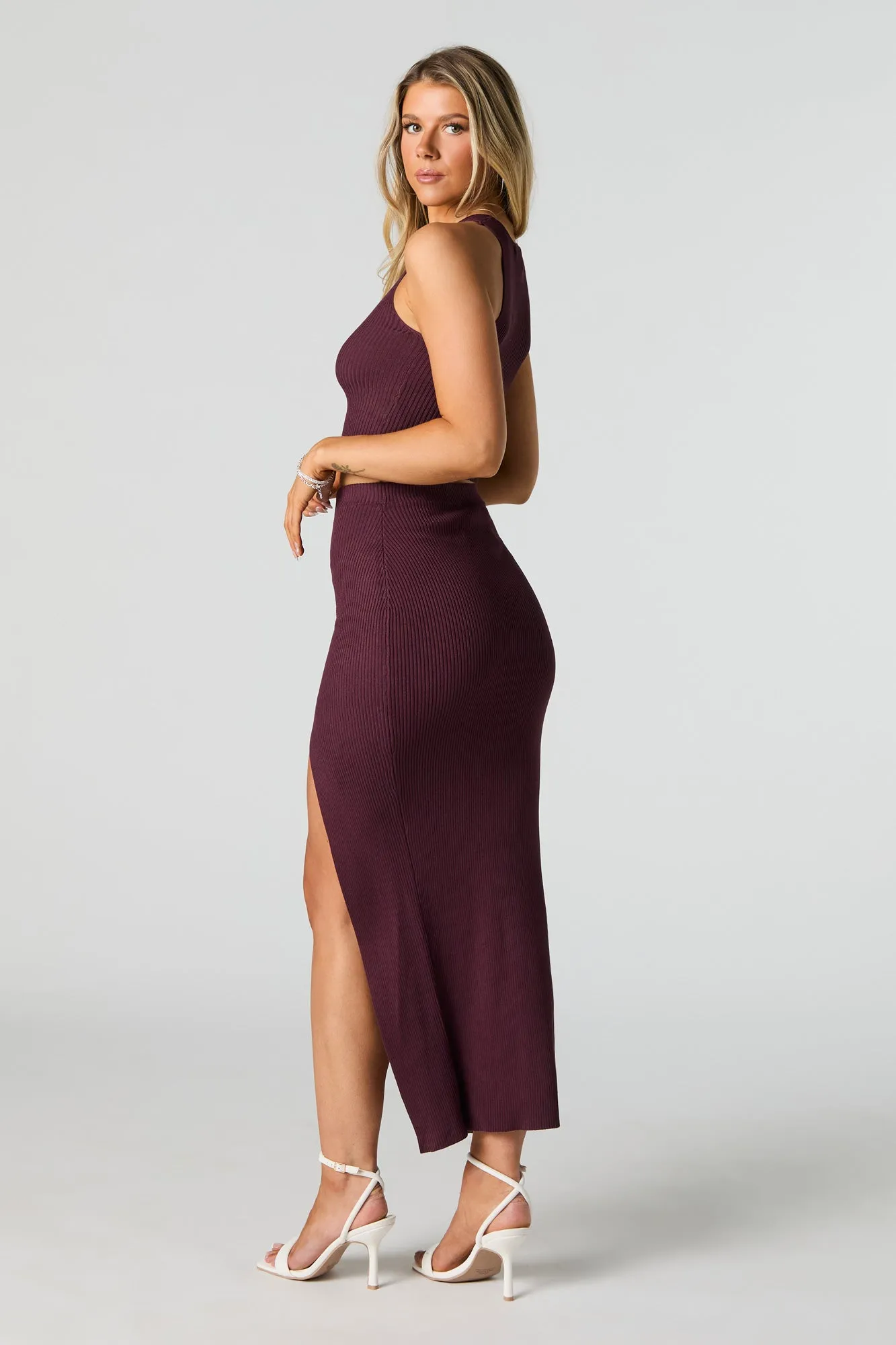 Ribbed Slit Midi Skirt