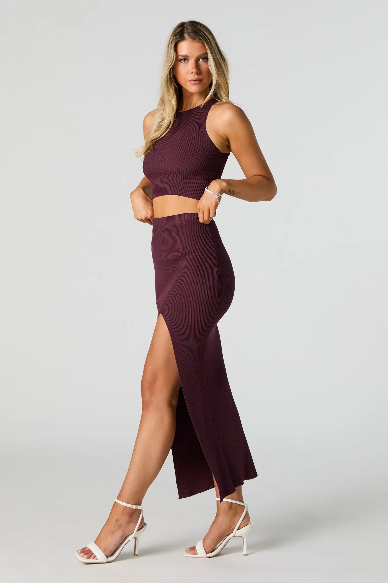 Ribbed Slit Midi Skirt