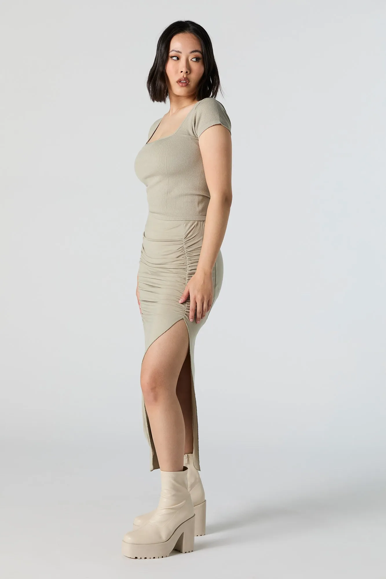 Ruched Slit Midi Skirt