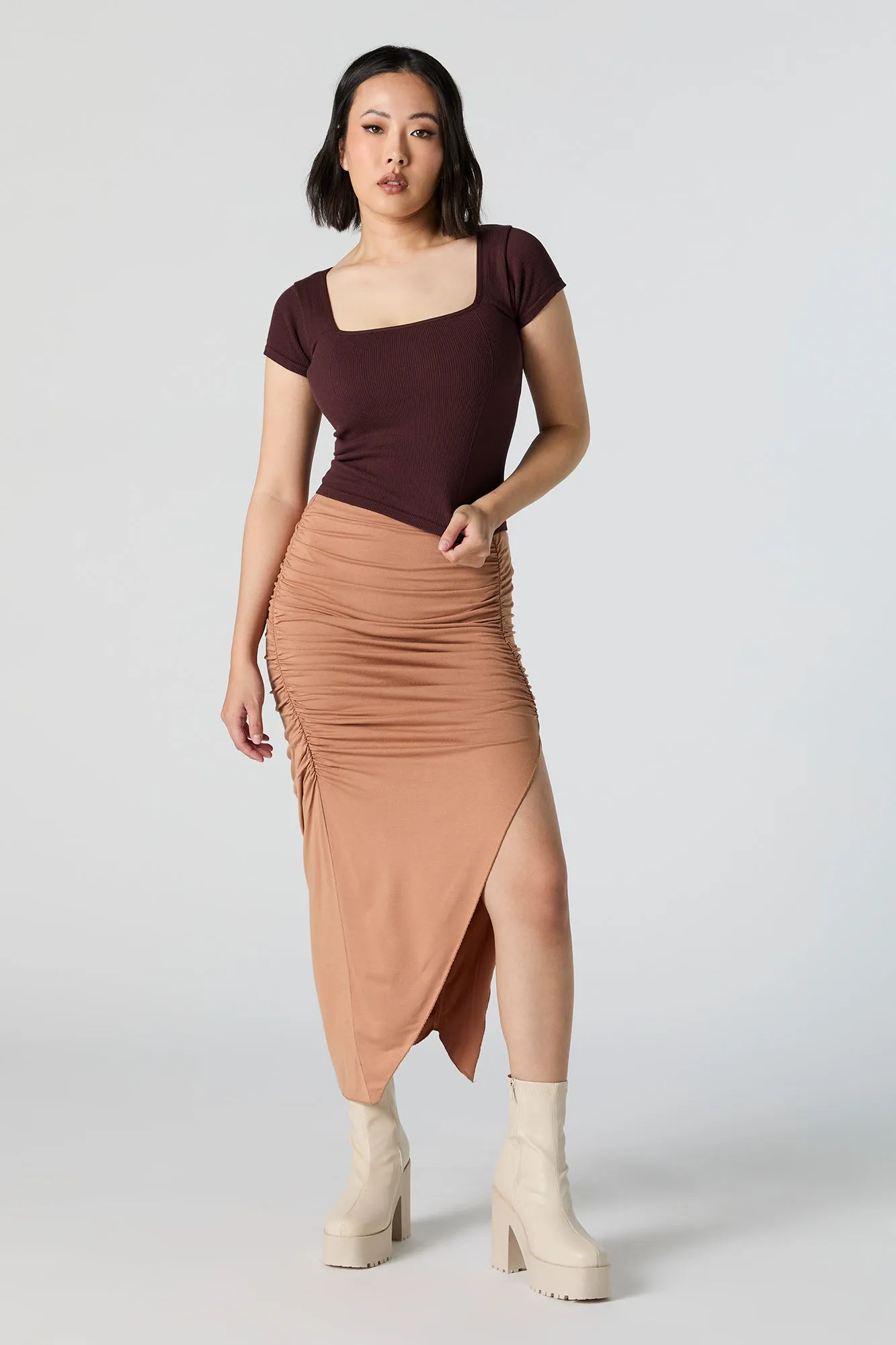 Ruched Slit Midi Skirt