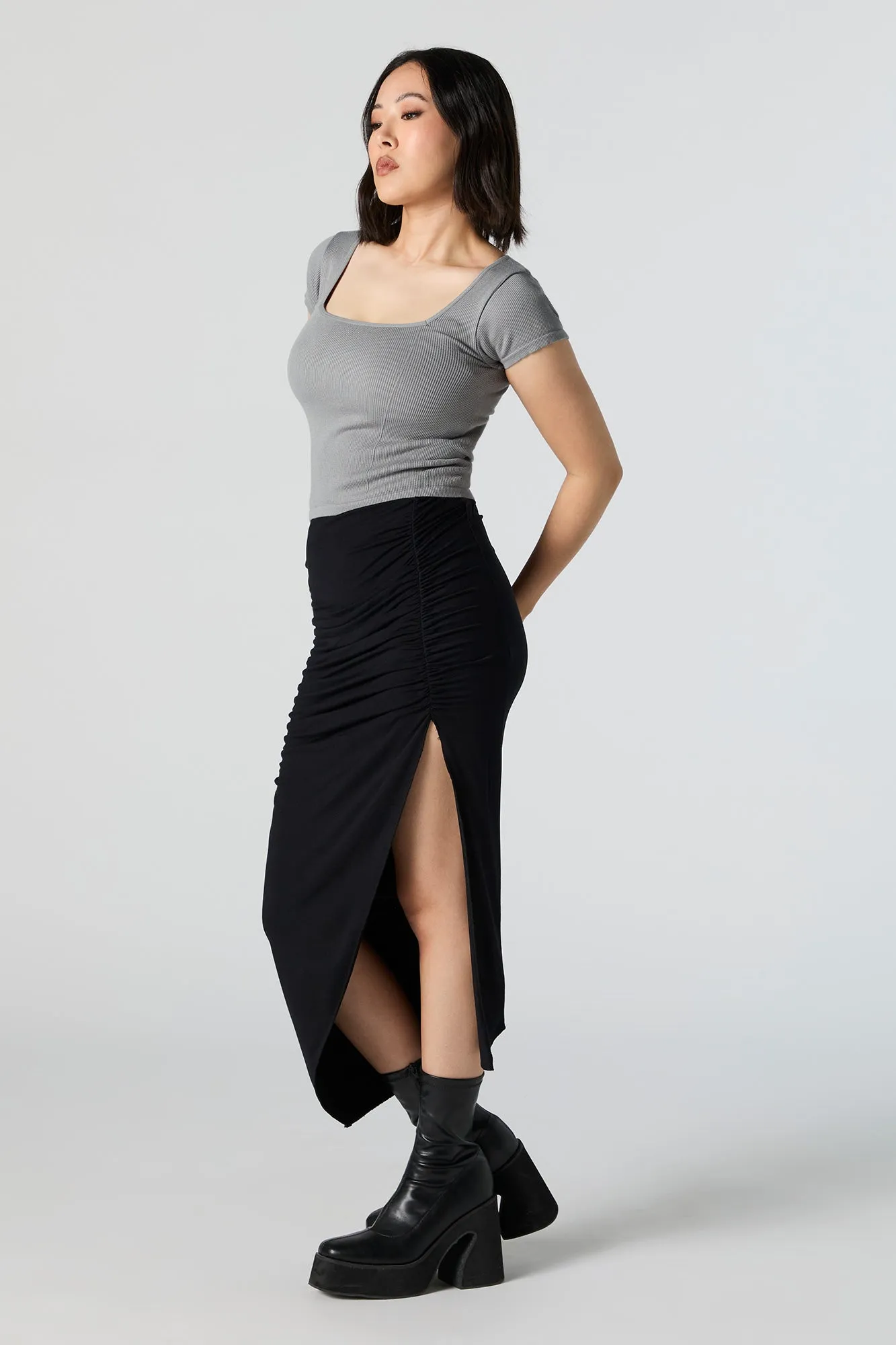 Ruched Slit Midi Skirt