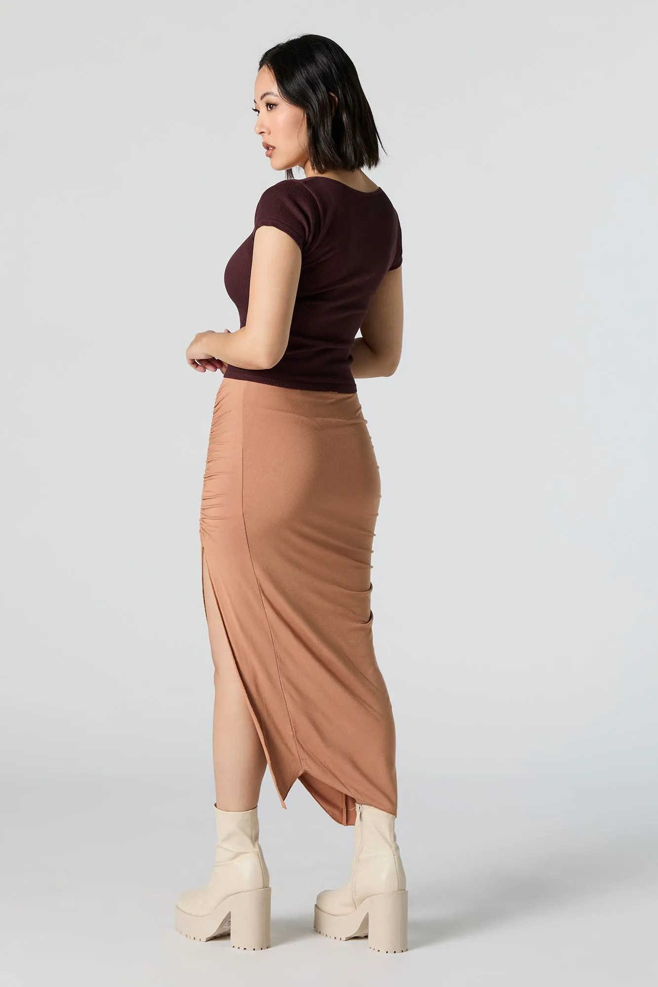 Ruched Slit Midi Skirt