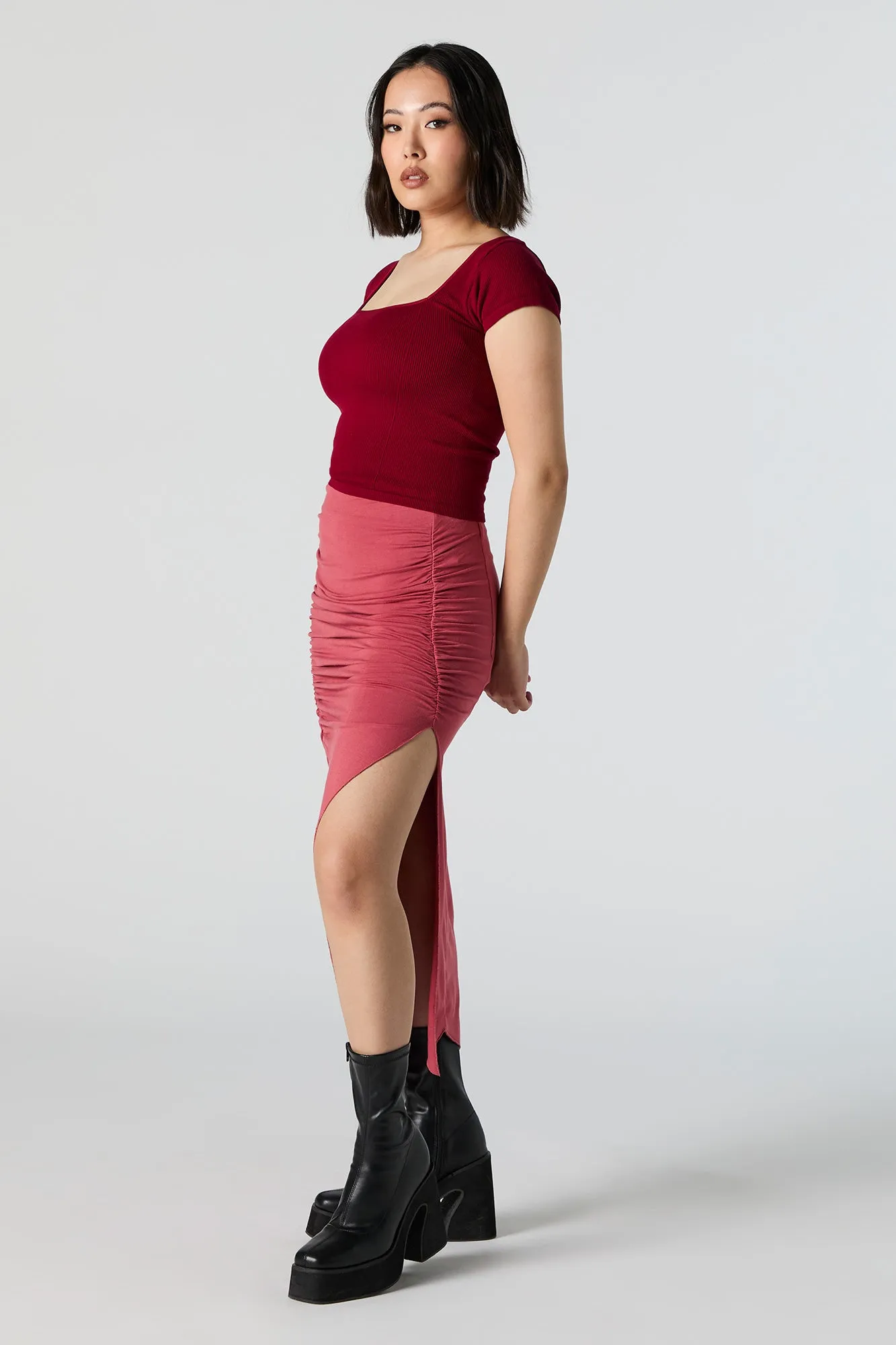 Ruched Slit Midi Skirt