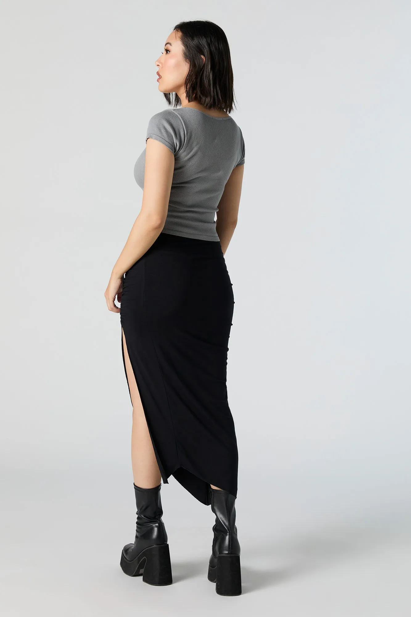 Ruched Slit Midi Skirt