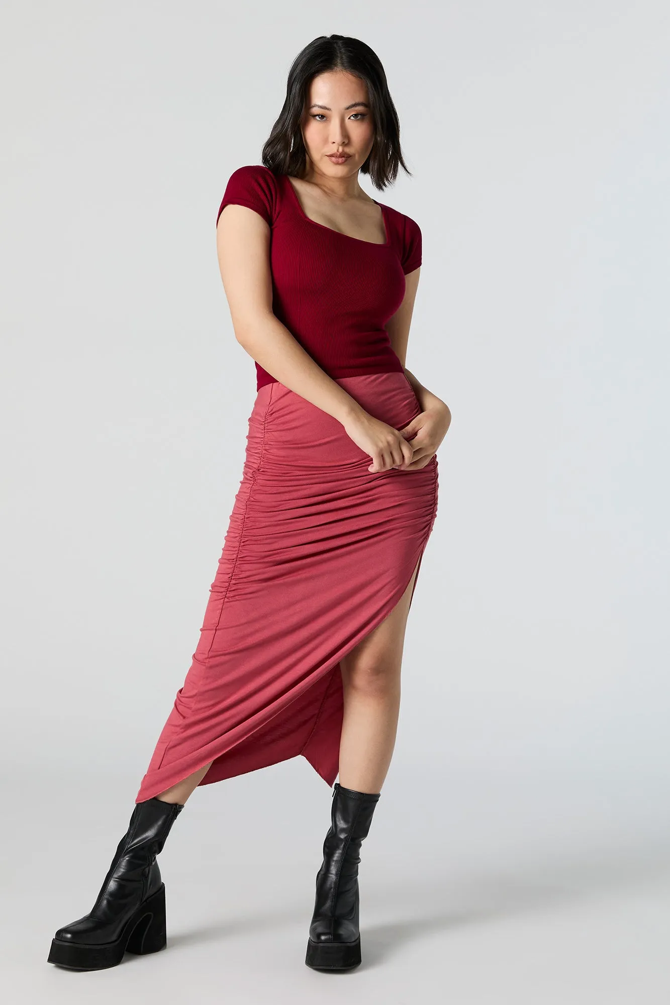 Ruched Slit Midi Skirt