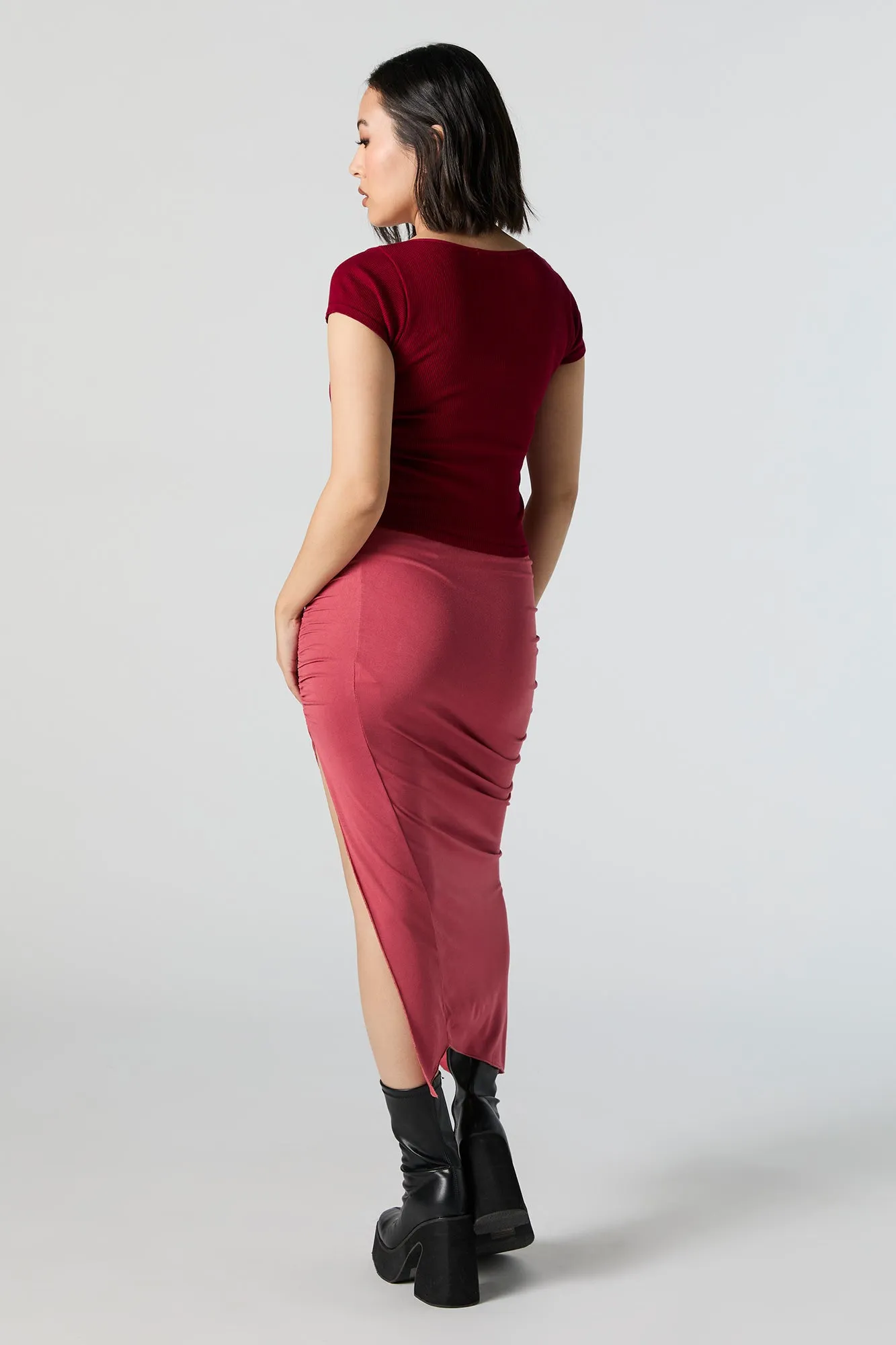 Ruched Slit Midi Skirt