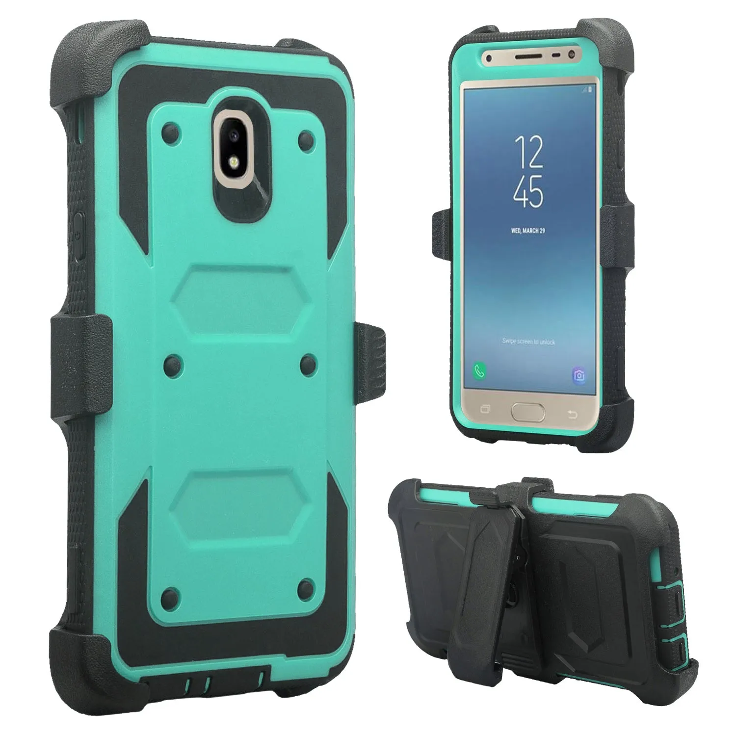 Samsung Galaxy J7 V 2nd Gen/J7 Crown/J7 Top/J7 2018/J7 Star/J7 Achieve/J7 Refine/J7 Aero/J7 Aura Case, Triple Protection 3-1 w/ Built in Screen Protector Heavy Duty Holster Shell Combo Case - Teal
