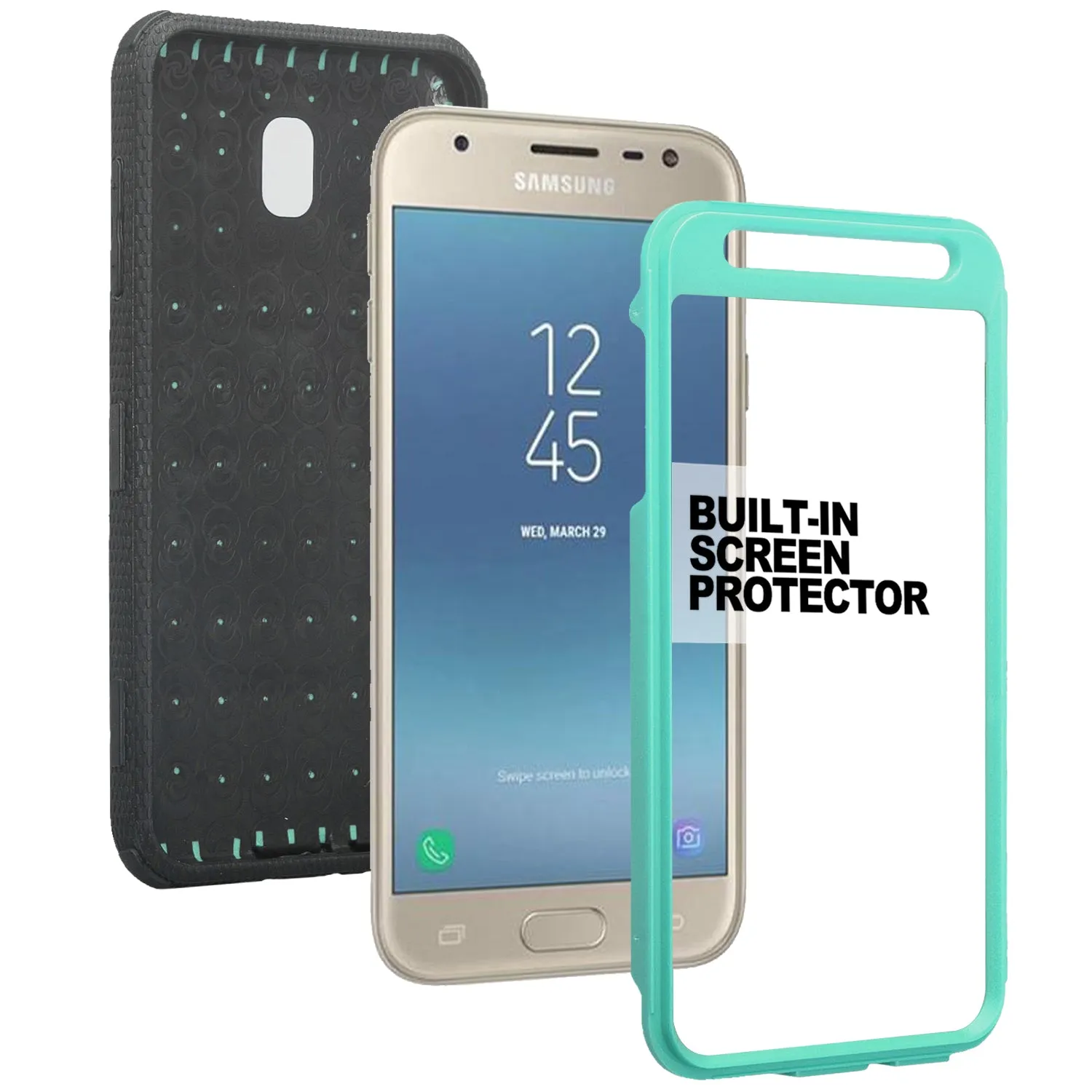 Samsung Galaxy J7 V 2nd Gen/J7 Crown/J7 Top/J7 2018/J7 Star/J7 Achieve/J7 Refine/J7 Aero/J7 Aura Case, Triple Protection 3-1 w/ Built in Screen Protector Heavy Duty Holster Shell Combo Case - Teal