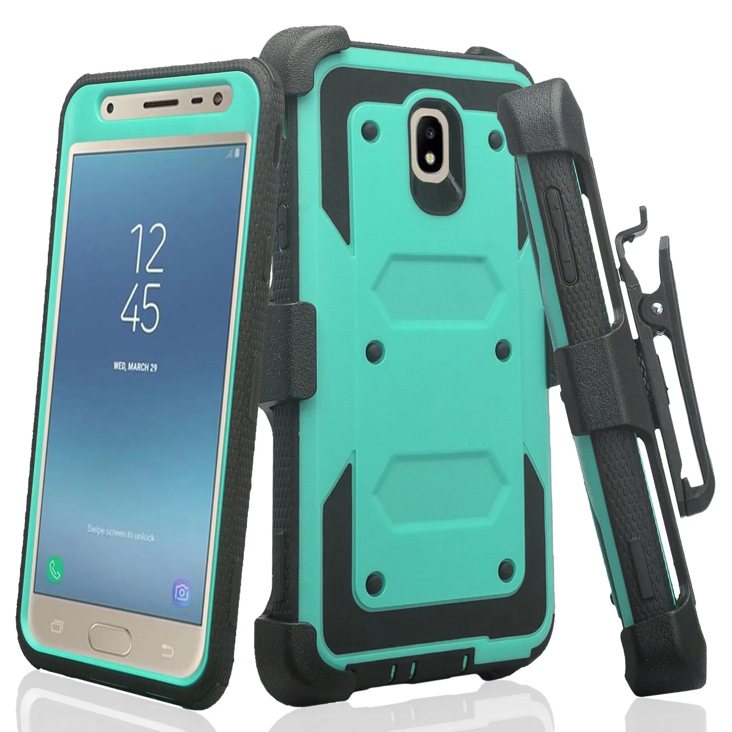 Samsung Galaxy J7 V 2nd Gen/J7 Crown/J7 Top/J7 2018/J7 Star/J7 Achieve/J7 Refine/J7 Aero/J7 Aura Case, Triple Protection 3-1 w/ Built in Screen Protector Heavy Duty Holster Shell Combo Case - Teal