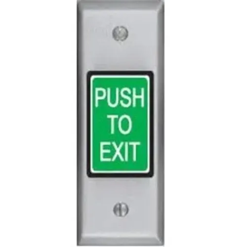 SDC 413MNU 410 Series Narrow Push To Exit Button Switch, Electronic Timer, Fixed (30 seconds), DPDT, Green Button, Dull Stainless