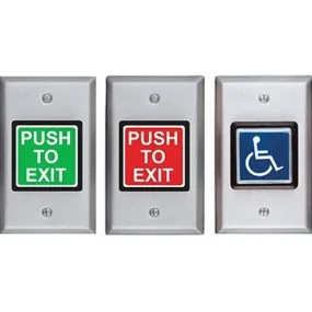 SDC 423U 420 Series Illuminated Push To Exit Button Switch, Electronic Timer, Adjustable (1-60 seconds), DPDT, Green/Red Button, Dull Stainless