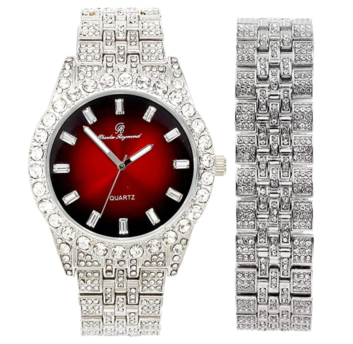 Silver Color Watch Cuban Bracelet Simulated Diamond Blue Dial Watch Set Bust Down Gold Watch Red Face Hip Hop Jewelry Bundle