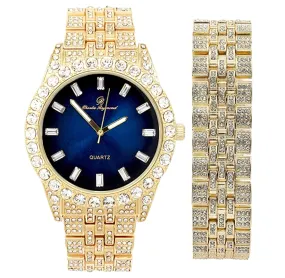 Silver Color Watch Cuban Bracelet Simulated Diamond Blue Dial Watch Set Bust Down Gold Watch Red Face Hip Hop Jewelry Bundle
